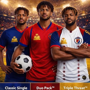 May include: Three soccer jerseys in blue, red, and white with the text New Bundle Packs, Classic Single Piece, Duo Pack, and Triple Threat. The jerseys feature the Haiti emblem, a soccer ball, and various star and circular graphic patterns.