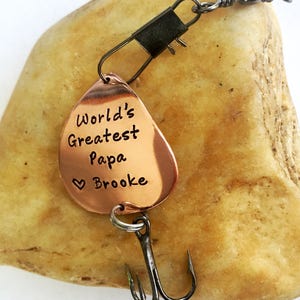 Hand Stamped Fishing Lure ~ World&#39;s Greatest Papa or Your Personalized Text ~ Fishing Hook Lure for Grandpa, Dad, or Uncle