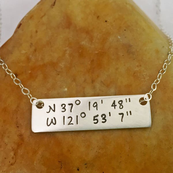 Hand Stamped Sterling Silver Latitude Longitude Necklace