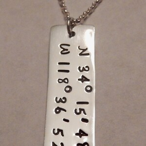 Hand Stamped Latitude and Longitude Necklace ~ Coordinates Necklace ~ Sterling Silver Rectangle Tag ~ Unisex Necklace for Man or Woman