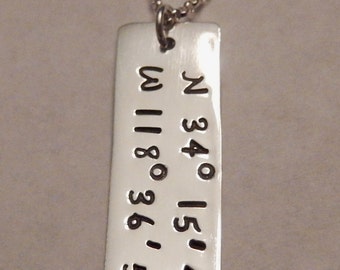 Hand Stamped Latitude and Longitude Necklace ~ Coordinates Necklace ~ Sterling Silver Rectangle Tag ~ Unisex Necklace for Man or Woman