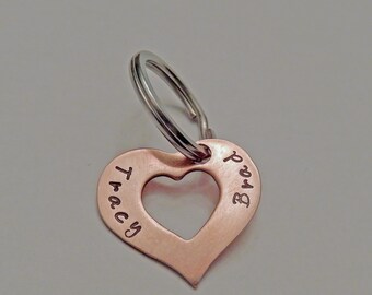 Stamped Copper Heart Washer Key Chain ~ Two names Hand Stamped ~ Personalized Key Chain ~ Stamped Key Chain ~ Stamped Heart