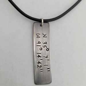 Hand Stamped Latitude and Longitude Necklace ~ Coordinates Necklace ~ Sterling Silver Rectangle Tag ~ Unisex Necklace for Man or Woman