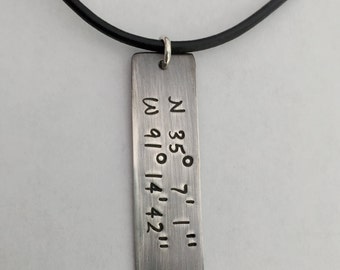 Hand Stamped Latitude and Longitude Necklace ~ Coordinates Necklace ~ Sterling Silver Rectangle Tag ~ Unisex Necklace for Man or Woman