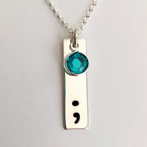 Semicolon Necklace with Swarovski Birthstone ~ Sterling Silver Rectangle Tag ~ Recovery Necklace ~ Suicide Prevention ~ Mental Health