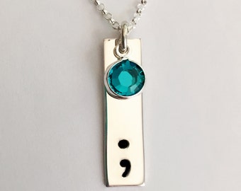 Semicolon Necklace with Swarovski Birthstone ~ Sterling Silver Rectangle Tag ~ Recovery Necklace ~ Suicide Prevention ~ Mental Health