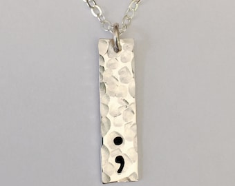 Semicolon Necklace ~ Sterling Silver Rectangle Tag ~ Recovery Necklace ~ Suicide Prevention