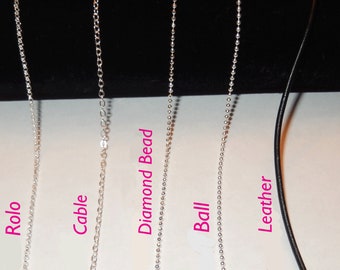 Sterling Silver Chain Necklace - Rolo, Cable, Bead, Ball, or Leather