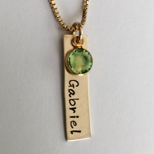 Stamped 14K Gold Fill Rectangle Name Necklace with Swarovski Birthstone ~ 14K Gold Filled Hand Stamped Bar Necklace & Crystal