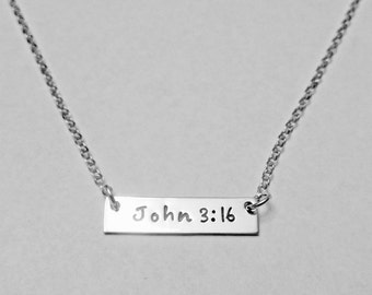John 3:16 Stamped Bible Verse Scripture, Name, or other Custom Text Horizontal 1" x 1/4" Rectangle Tag Sterling Silver Personalized Necklace