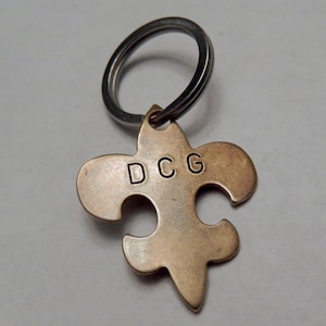 Fleur De Lis Initial Personalized Hand Stamped Key Chain in Brass, Copper, or Silver Nickel ~ Choose Custom Finish-Shown Aged and Tarnished