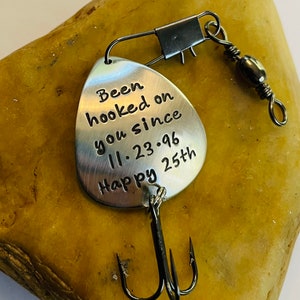 25th Anniversary Hand Stamped Fishing Lure ~ Been hooked on you since (Date) Happy 25th ~ Fishing Hook