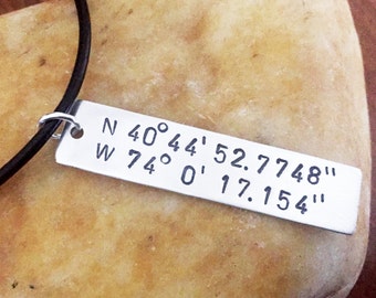 Hand Stamped Sterling Silver Coordinates Necklace, Personalized Latitude Longitude Jewelry
