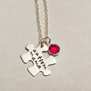 Puzzle Piece Necklace ~ Autism Necklace ~ Sterling Silver Puzzle Piece with Swarovski Crystal Birthstone ~ Choose Custom Text ~Name Necklace