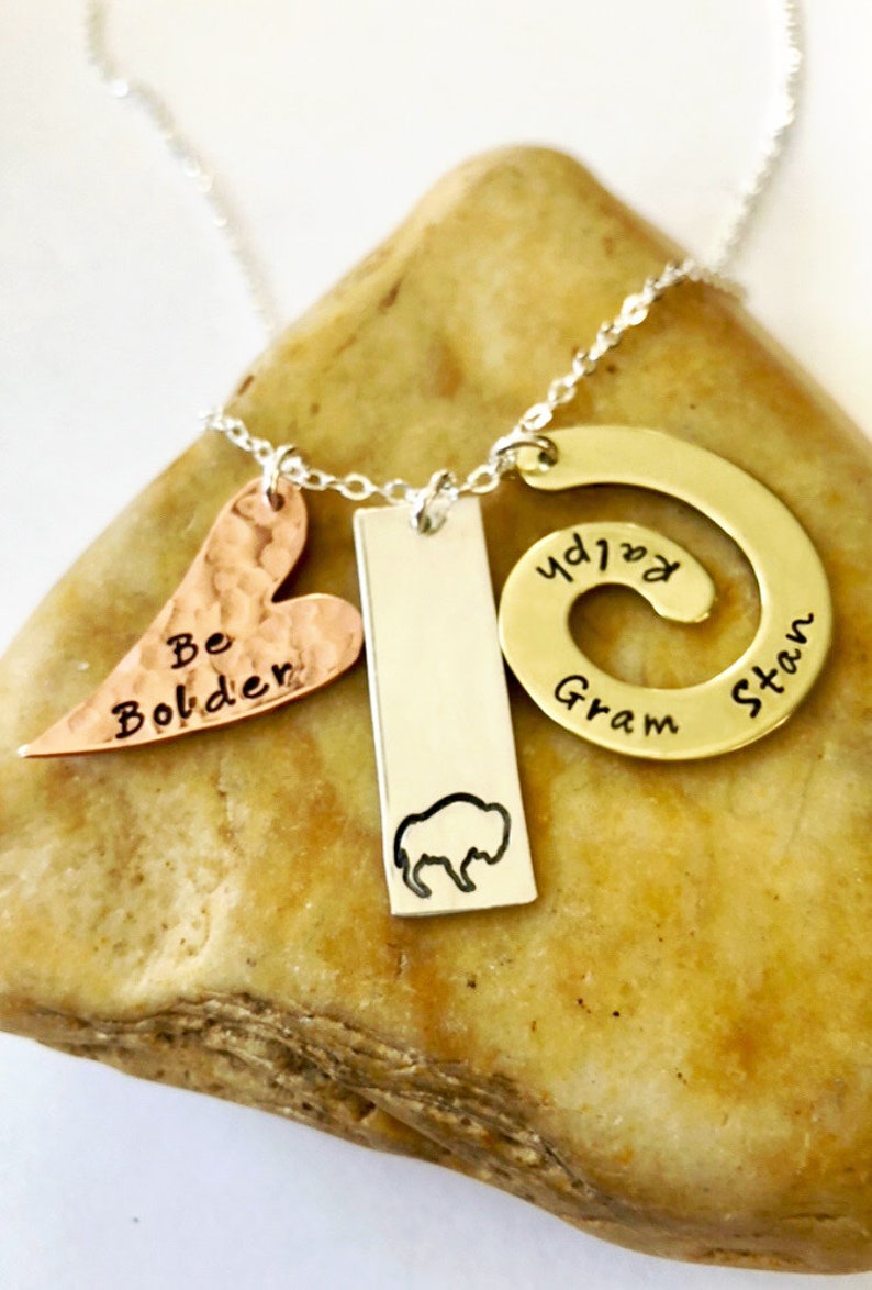 Buffalo Hand Stamped on Sterling Silver Tag, Brass Spiral, Co Buffalo Hand Stamped on Sterling Silver Tag, Brass Spiral, Co