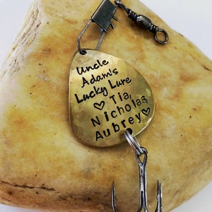 Hand Stamped Fishing Lure ~ Uncle&#39;s Lucky Lure or Your Personalized Text ~ Fishing Hook Lure for Grandpa, Dad, or Uncle