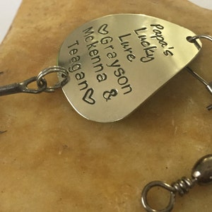 Hand Stamped Fishing Lure ~ Papa&#39;s Lucky Lure or Your Personalized Text ~ Fishing Hook Lure for Grandpa, Dad, or Uncle