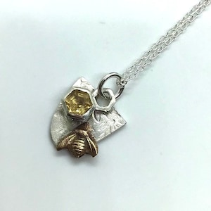 Tiny honeycomb citrine bee necklace