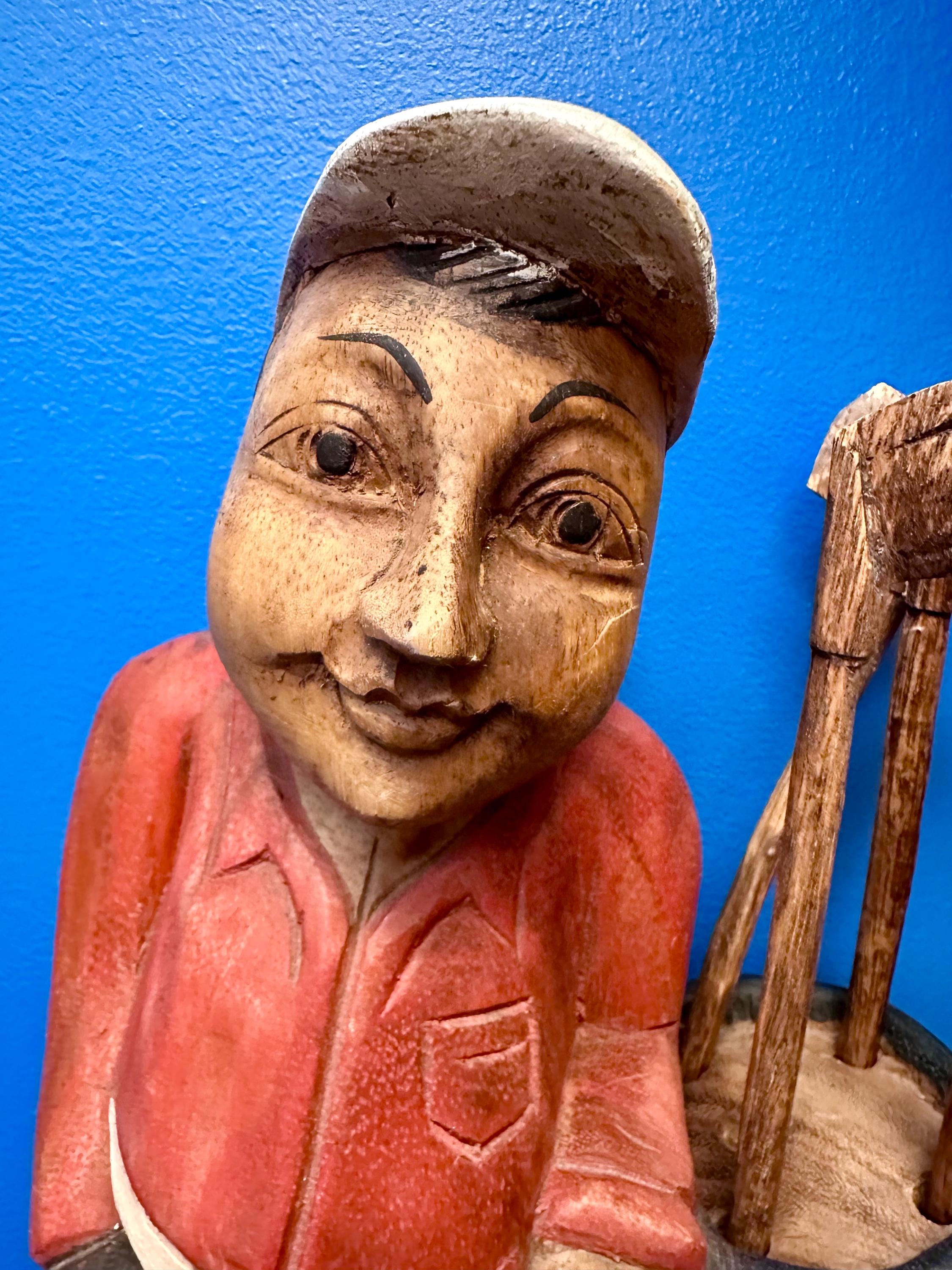 アンティーク 「ゴルファー立像」木彫り Vintage Wood Carved Golfer Statue: Solid Wood Golf Decor, 16