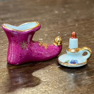 Vintage Limoges burgundy curly toed boot and Limoges France miniature dollhouse flask. Limoges France.