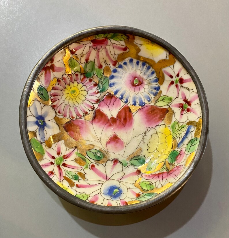 Vintage Porcelain Hong Kong Hand Painted Pewter Encased Floral Bowl Etsy