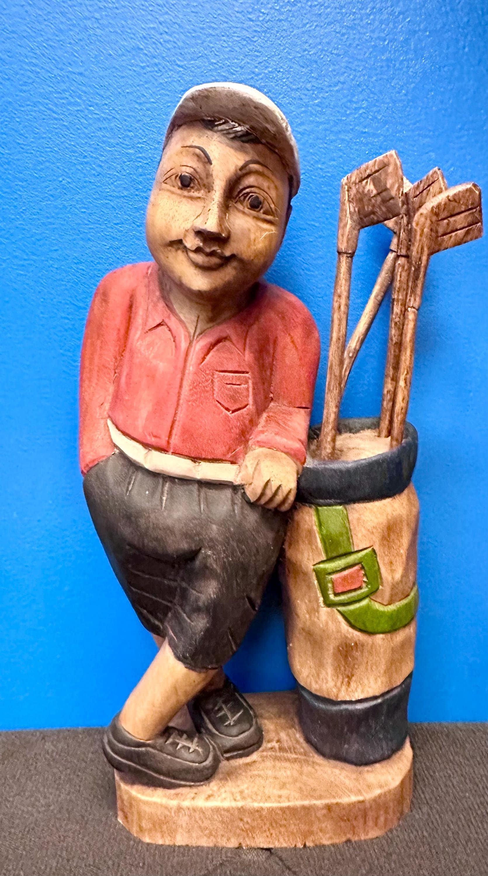 Vintage Wood Carved Golfer Statue: Solid Wood Golf Decor, 16
