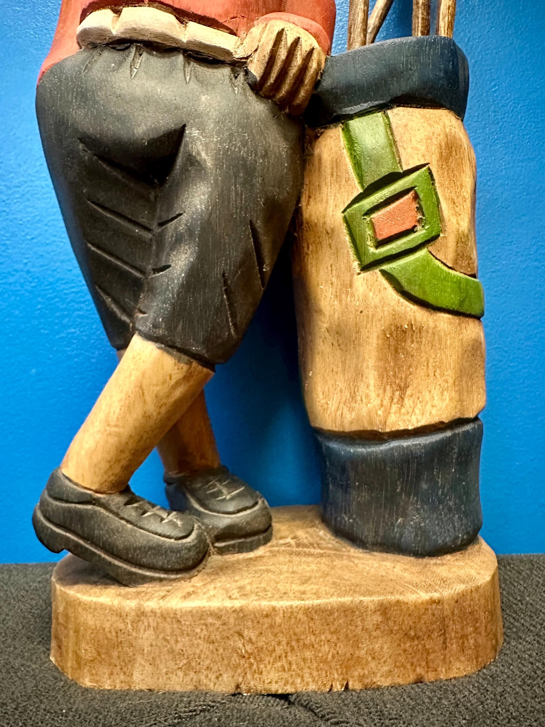 Vintage Wood Carved Golfer Statue: Solid Wood Golf Decor, 16