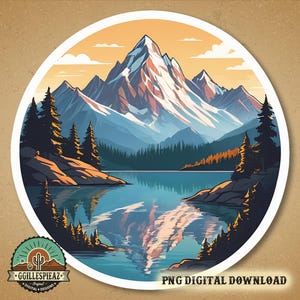 Digital herunterladbarer Bergsee-Aufkleber | Malerische Naturdekoration | Landschaft Sticker | Digitale Kunst Clipart