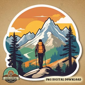 Digital herunterladbarer wandernder Bergaufkleber | Retro Outdoor Dekor | Abenteuer Sticker zum Ausdrucken | Digitale Kunst Clipart