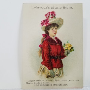 Cartão Comercial da Era Vitoriana de 1800; Cartão comercial antigo; Cartões comerciais colecionáveis antigos; Propaganda Antiga; Anúncio de loja de música antiga