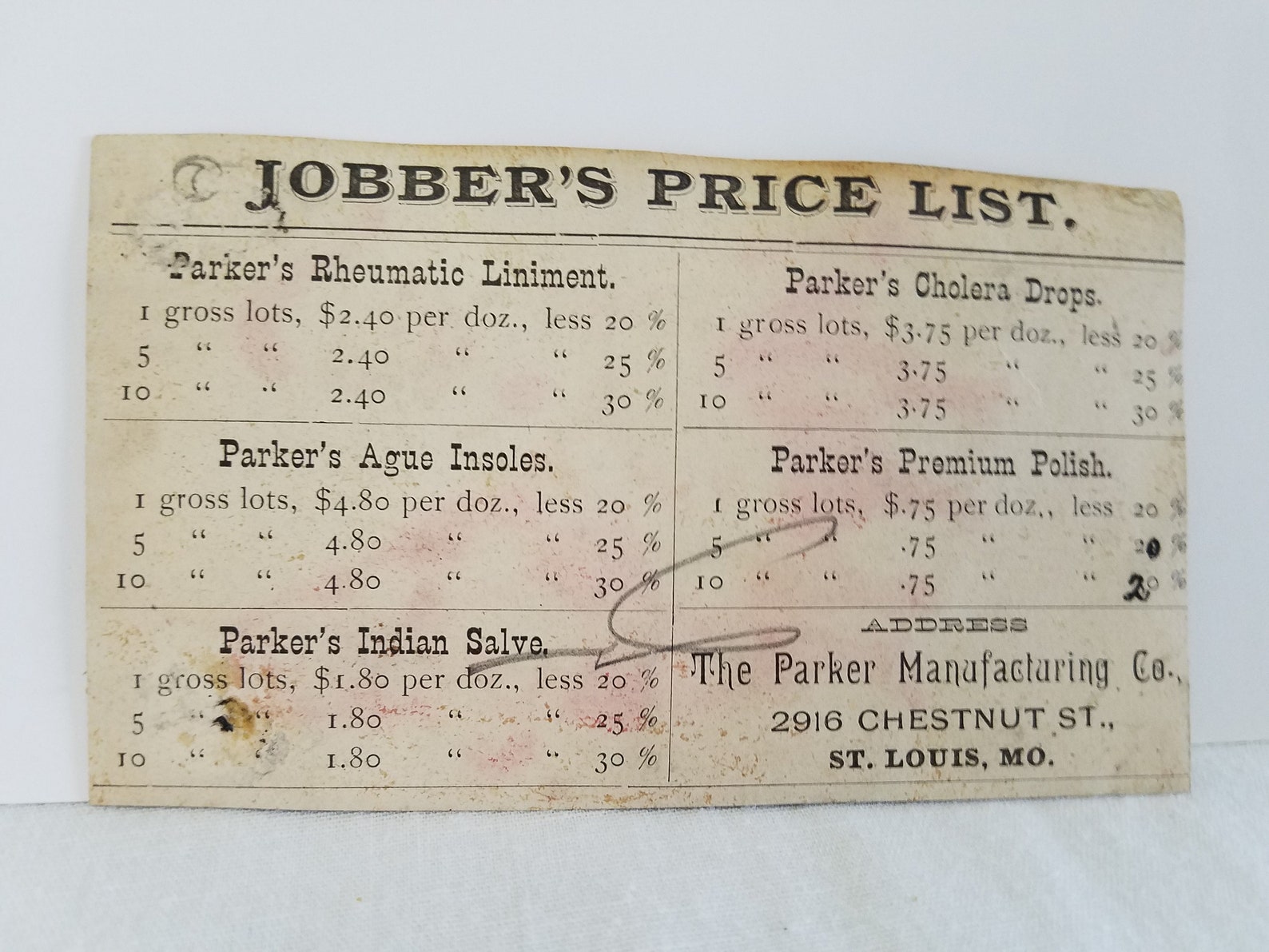 1800's Jobber's Price List Trade Card 1800's Parker Manufacturing Co. Trade Card Antique Grocery
