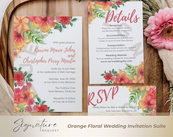 Orange Floral Wedding Invitation Suite • Editable Watercolor Canva Template (Digital Download)
