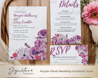 Purple Floral Wedding Invitation Suite • Editable Watercolor Canva Template (Digital Download)