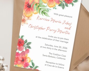 Orange Floral Wedding Invitation Template: Elegant Modern Design (5x7 Digital Download)