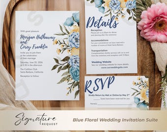 Blue Floral Wedding Invitation Suite: Elegant 5x7" Electronic Invite (Digital Download, Canva Edit)