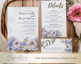 Lilac Floral Wedding Invitation Suite • Editable Watercolor Canva Template (Digital Download)