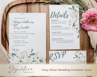 Ivory Floral Wedding Invitation Suite • Editable Canva Template (Printable)
