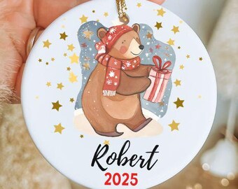 Personalized Brown Bear Christmas Ornament 2025 – Custom Ceramic Holiday Keepsake