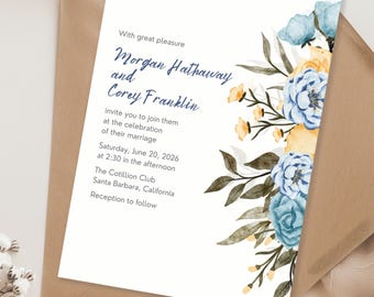 Blue Floral Wedding Invitation Template: Elegant 5x7" Electronic Invite (Digital Download, Canva Edit)