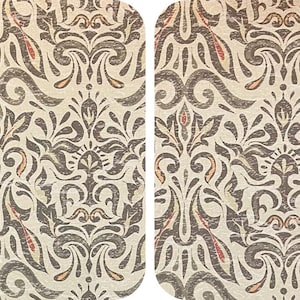 May include: Two oval-shaped panels with a repeating, ornate pattern. The design features swirling, floral-like motifs in shades of brown, beige, and touches of red and orange. The overall effect is vintage and textured.