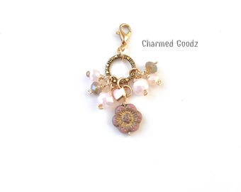 Dusty Rose Czech Glass Flower Charm, Planner Accessory