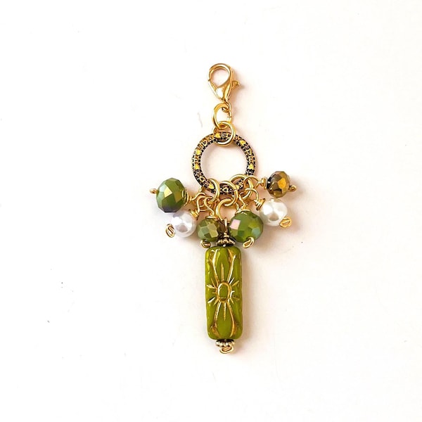 Elongated Pistachio Green Glass Tile Charm, Gold Tone Beaded Planner Accessory