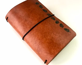 Acorn border Ancient Journal pocket size leather Travelers Notebook cover, autumn journal. Ancient design on veg tanned leather