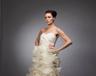 Silk gazar gown, Wedding dress, Bridal gown, Draped top dress.  Organza Ruffle Gown, Ruffle skirt, Pleated organza, Strapless gown,