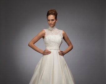 Lace and gazar gown, Corded French lace, Wedding dress, bridal gown, High collar top, Pleated skirt, Silk gazar skirt, Sleeveless gown,