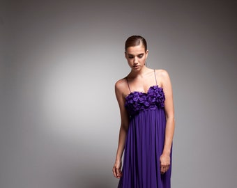 Evening Gown, Cocktail Dress, Bridesmaid, Sleeveless, Empire embroidered top,  Silk chiffon skirt, Vivid purple gown, Chiffon gown.