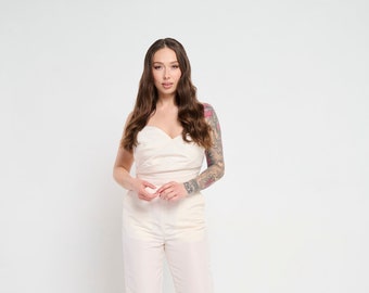 Bridal Draped Jumpsuit for Wedding, White Women Formal Jumpsuit, Rehearsal Dinner Jumpsuit, Bride Wedding Party Suit, Civil Wedding Dress