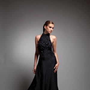 Evening Gown, Cocktail Dress, Slim Fit, Long Train, Open Back, Black, Silk crepe gown, Halter top, Silk crepe gown, Embroidered halter.