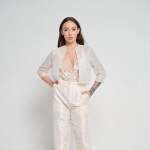 Bridal Wedding Bolero, Customizable Beaded jacket, Short Sleeve Couture Bolero, Silk Organza White Bolero for Bride, White Summer Cardigan