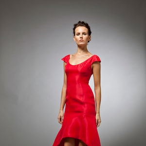 Evening Gown, Cocktail Dress, Bridesmaid, Full Length, Bright Red, Silk Gazar, Scoop neck, Cap sleeves, Cutaway skirt, Sweep train. image 1